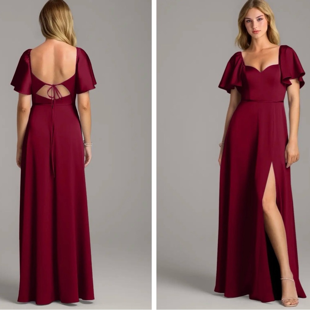 NWT Azazie Bridesmaid Burgundy Maxi Dress with Flutter Sleeves